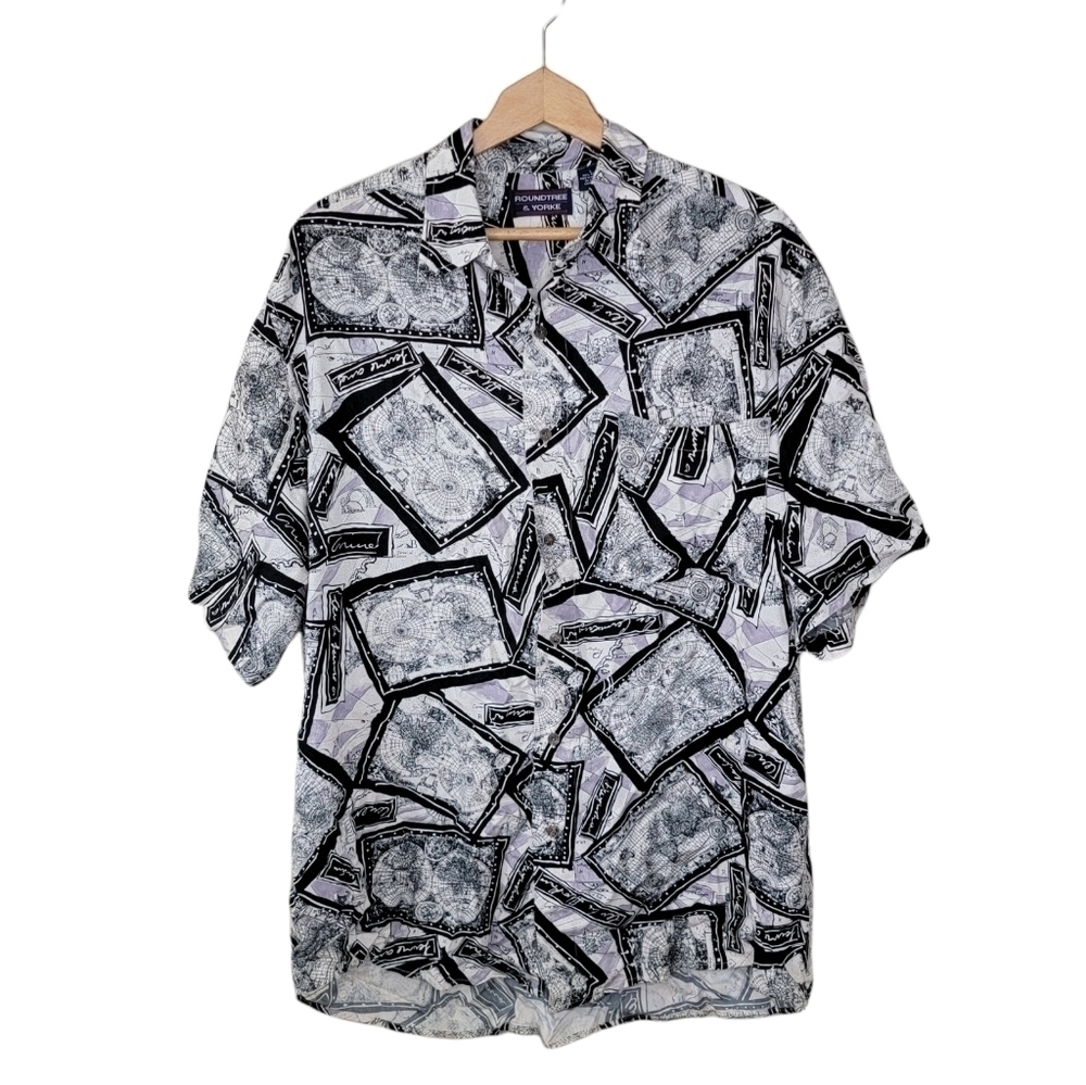 Roundtree & Yorke | Globe Print Short Sleeve Button Up Shirt Size Large